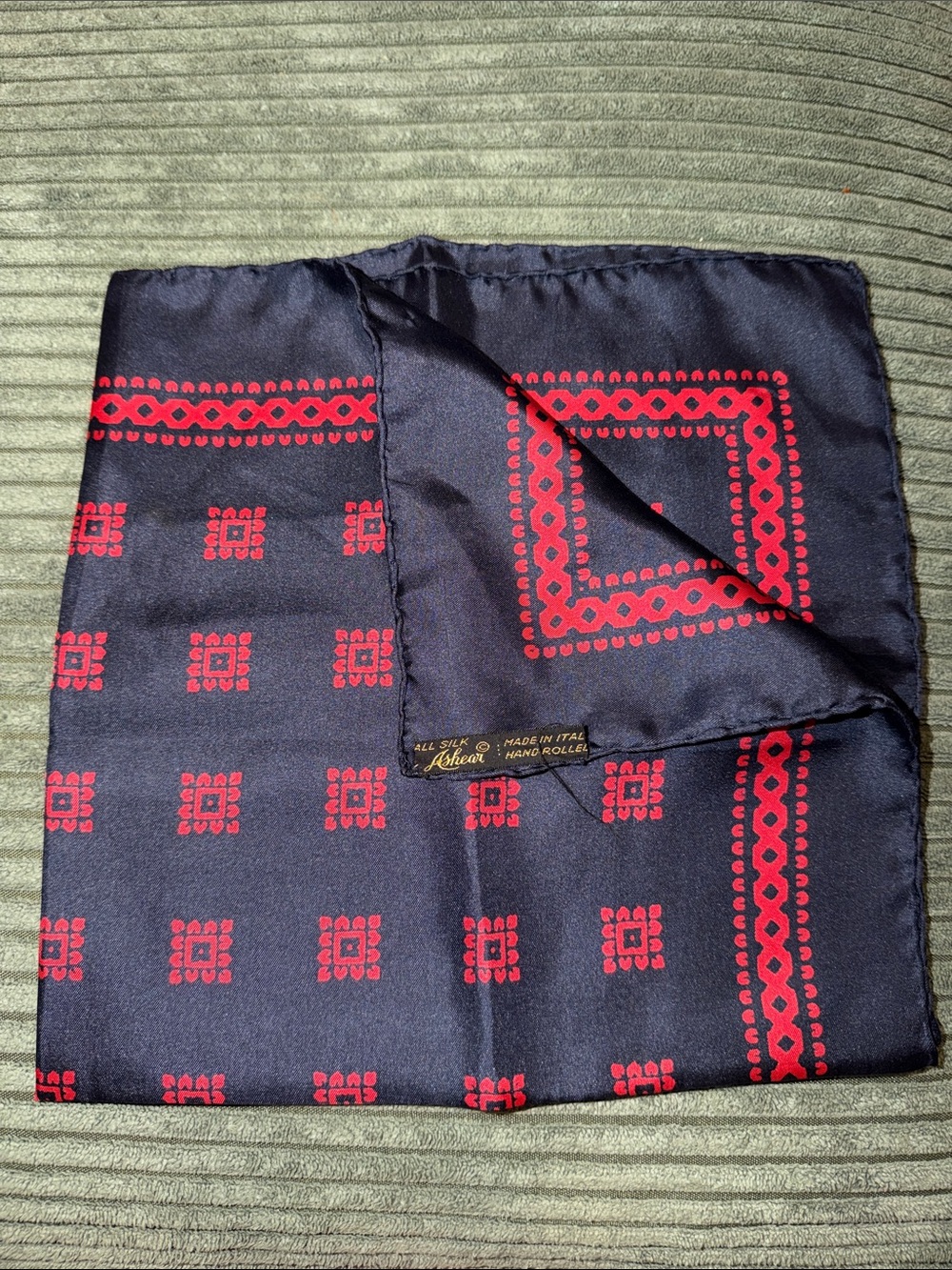 Silk Scarf/Wrap - Navy with Red Pattern